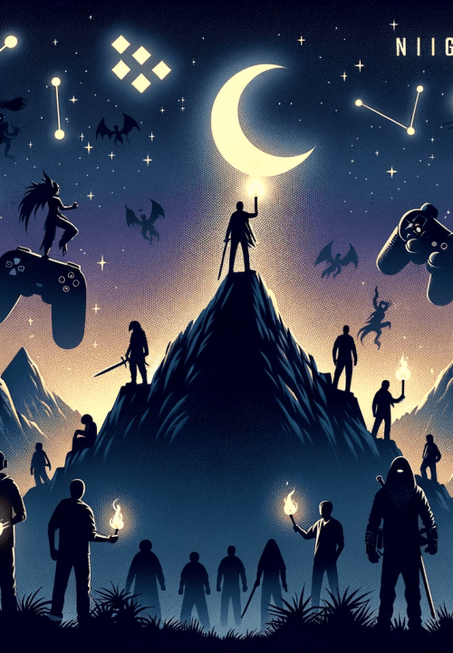 DALL·E 2023 10 29 23.04.11 Illustration of a dark moody gaming realm with silhouettes of iconic game characters standing atop mountain peaks backlit by the glow of a crescent  500x720 - صفحه بازی
