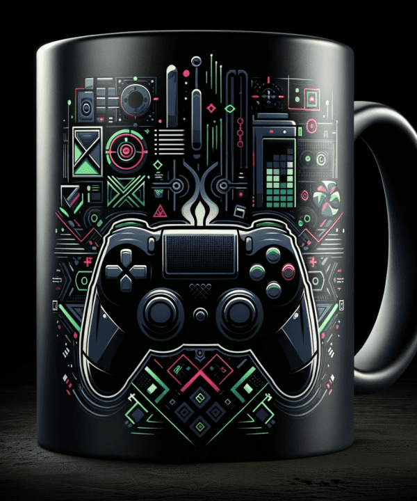 DALL·E 2023 11 19 00.25.57 A stylish gaming themed mug with a dark theme. The design includes elements like a sleek game controller abstract digital patterns and neon accents  600x720 - صفحه فیلم و سریال