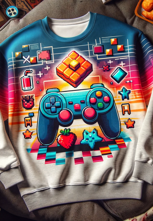 DALL·E 2023 12 15 19.29.56 A cozy casual gaming themed sweatshirt featuring vibrant colors and iconic gaming elements such as game controller graphics and pixel art. The design 500x720 - صفحه بازی